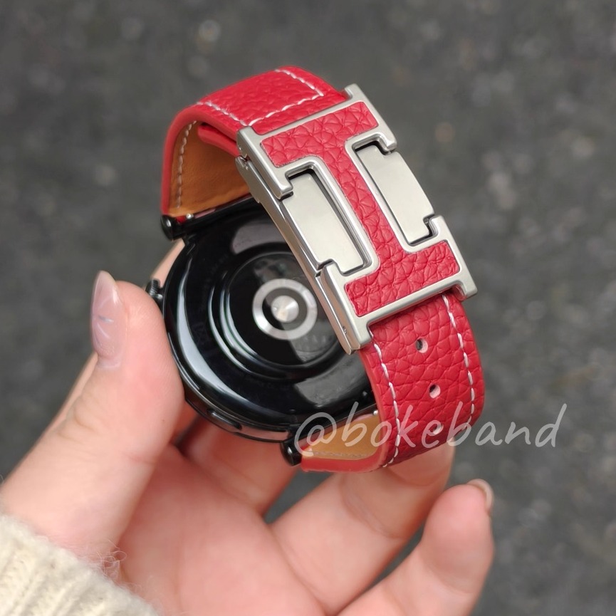 H扣荔枝纹真皮磁吸表带gt6手表女适用华为表带女新款秋冬GT4腕带