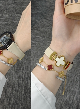 适用OppowatchX2mini表带牛皮四叶草磁吸真皮适用华为gt5pro手表