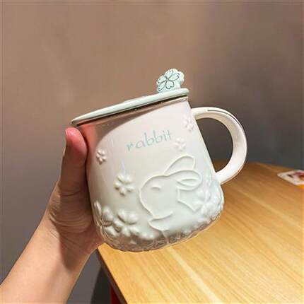 水杯女生高颜值马克杯带盖勺陶瓷兔年本命年杯子新年办公室咖啡杯