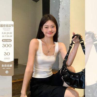 宋正恩蝴蝶结白色小吊带背心女蕾丝夏季外穿花边修身内搭短款上衣