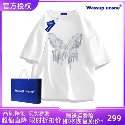 WASSUP国潮正品纯棉短袖T恤男女夏季新款宽松复古蝴蝶情侣装上衣