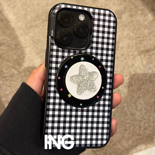 泡泡骚黑白格子pops斑点狗强磁吸防摔手机壳星星17磁吸支架保护壳