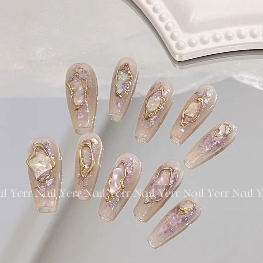 【原创实拍】人鱼姬贝母个性显白重工纯手工穿戴甲中长款指甲贴片