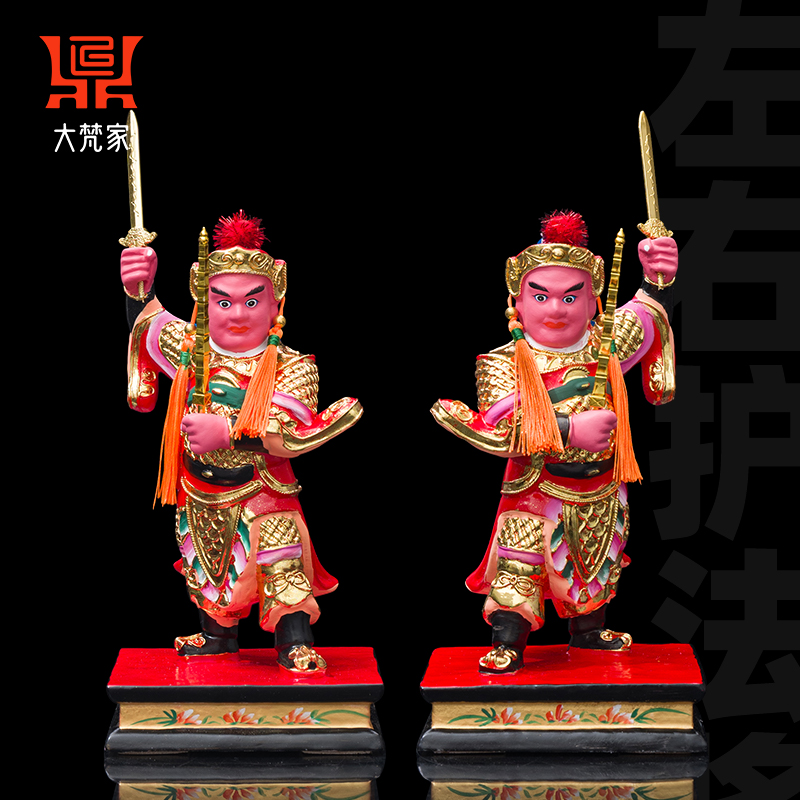 香樟木雕护法将军神像贴金赵康元帅左右副将关公左右护法供奉摆件