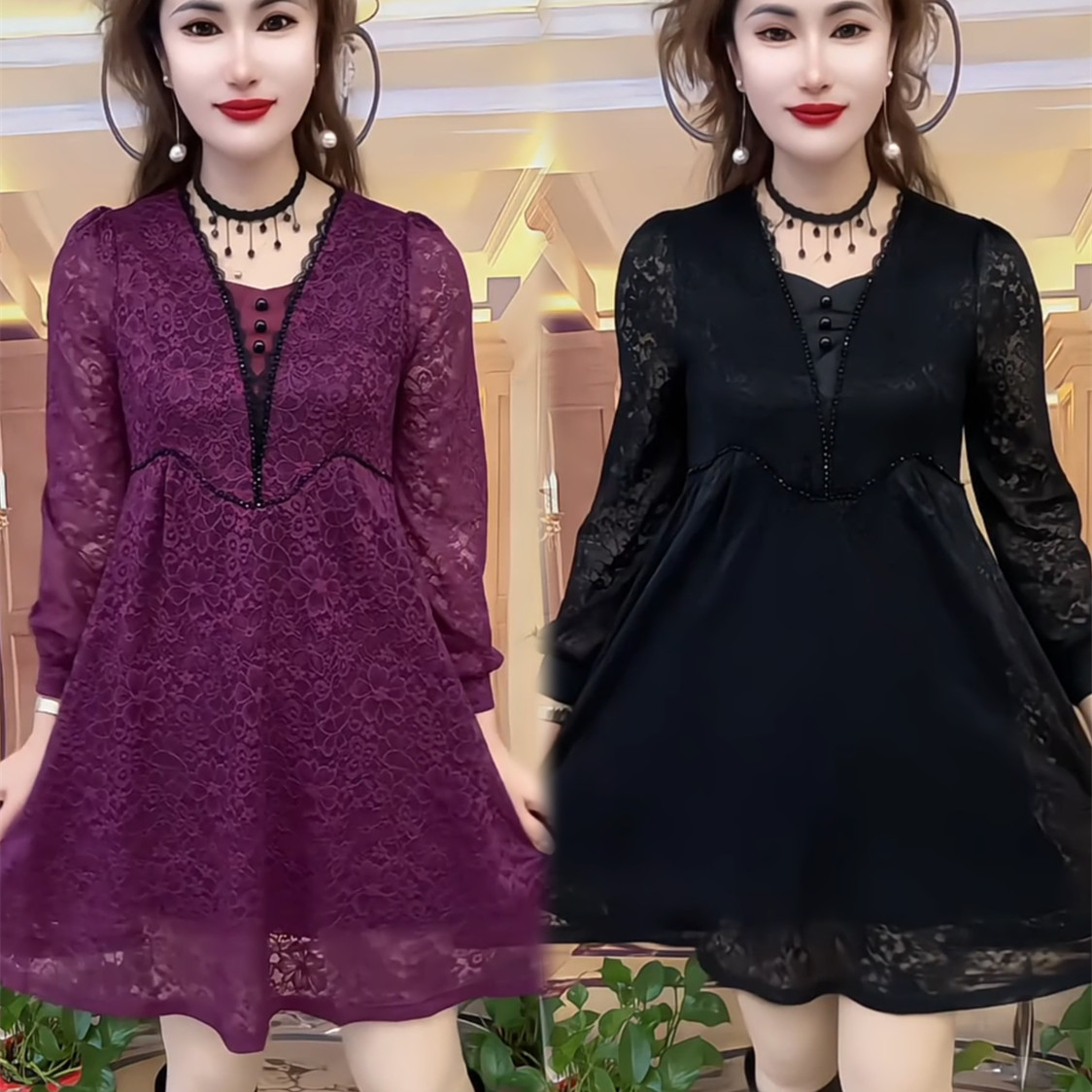 蕾丝镂空长袖拼接V领中长休闲裙春季时尚气质减龄中年连衣裙女,女装/女士精品,连衣裙,淘宝优惠券,粉丝福利购,淘宝优惠卷