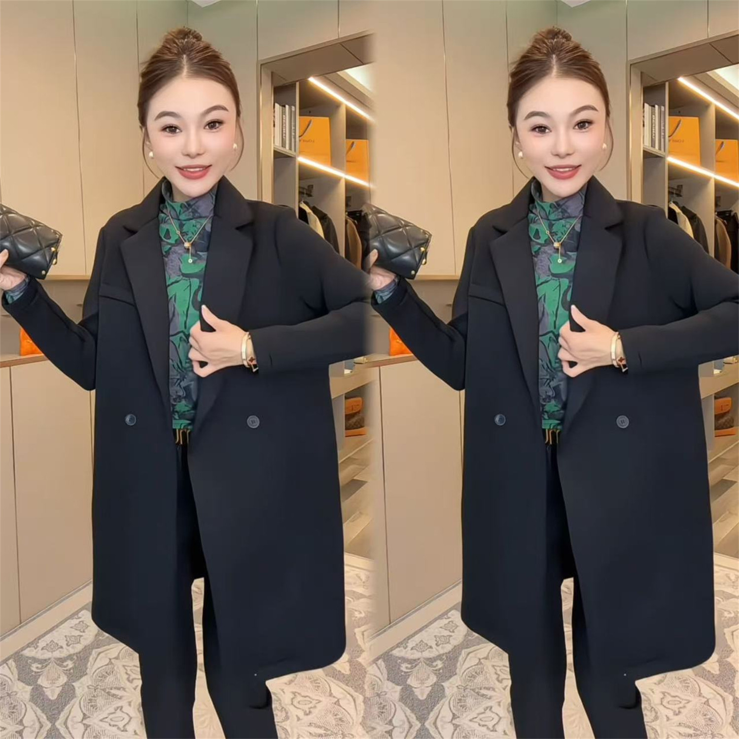 春秋新款黑色中长款西装外套女宽松显瘦气质通勤双排扣高级感西服