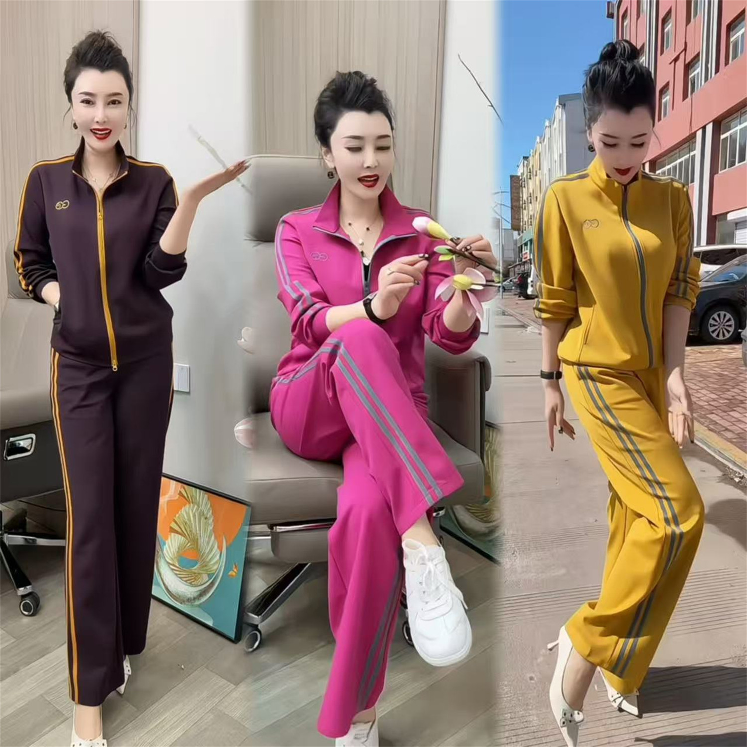 春季新款中年妈妈立领运动套装气质显瘦洋气阔腿裤休闲两件套女装
