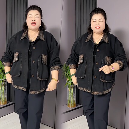秋季休闲百搭加肥加大码拼色翻领大兜单排扣开衫牛仔外套宽松遮肉