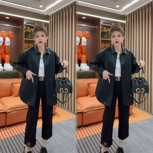 宽松显瘦翻领休闲高级感气质上衣 PU皮衣外套女中长款 高端春季 新款