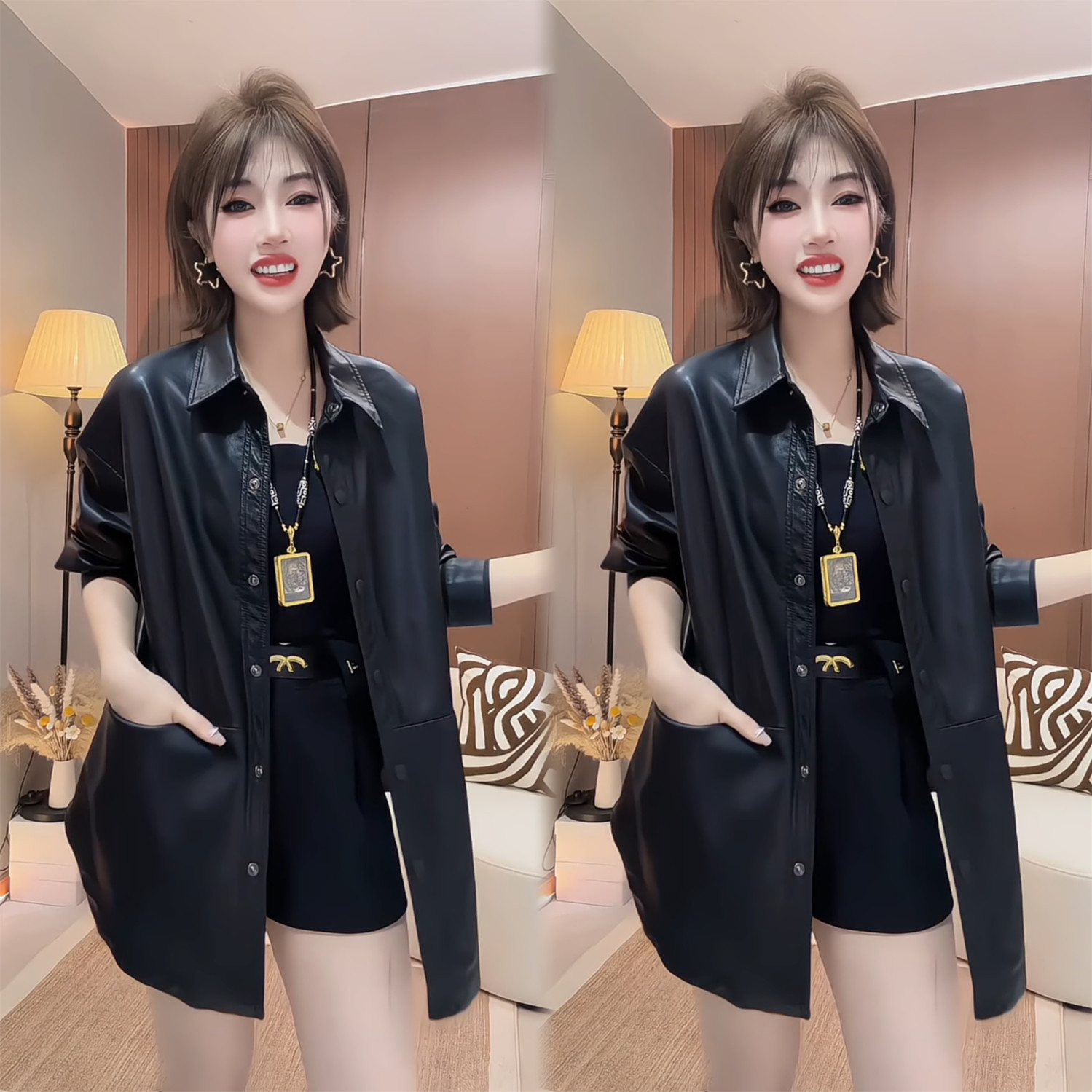 春秋新款黑色PU皮衬衫外套女宽松显瘦中长款通勤休闲百搭气质皮衣