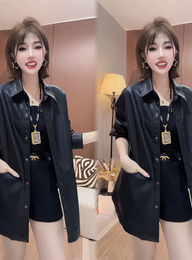春秋黑色PU皮衬衫外套女显瘦
