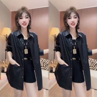 通勤休闲百搭气质皮衣 外套女宽松显瘦中长款 春秋新款 黑色PU皮衬衫