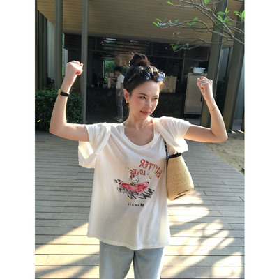 isaro uu 柔软舒适亚麻棉T恤~趣味猫咪印花宽松大袖摆短袖T