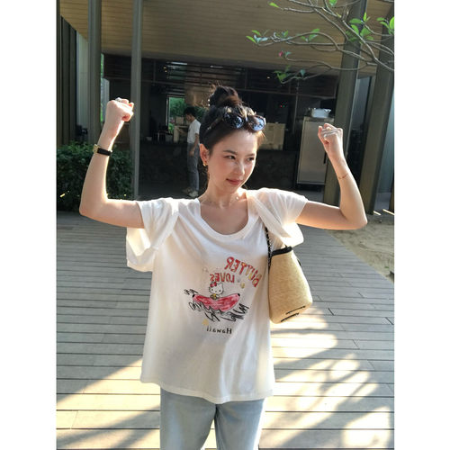 isaro uu 柔软舒适亚麻棉T恤~趣味猫咪印花宽松大袖摆短袖T