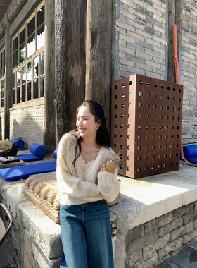 isaro uu 软糯幼毛马海毛羊毛混纺~低V领宽松慵懒针织毛衣