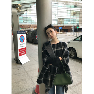 isaro uu 格纹羊毛斗篷大衣~山羊绒AB面两穿双面呢外套