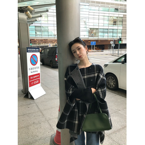 isaro uu 格纹羊毛斗篷大衣~山羊绒AB面两穿双面呢外套