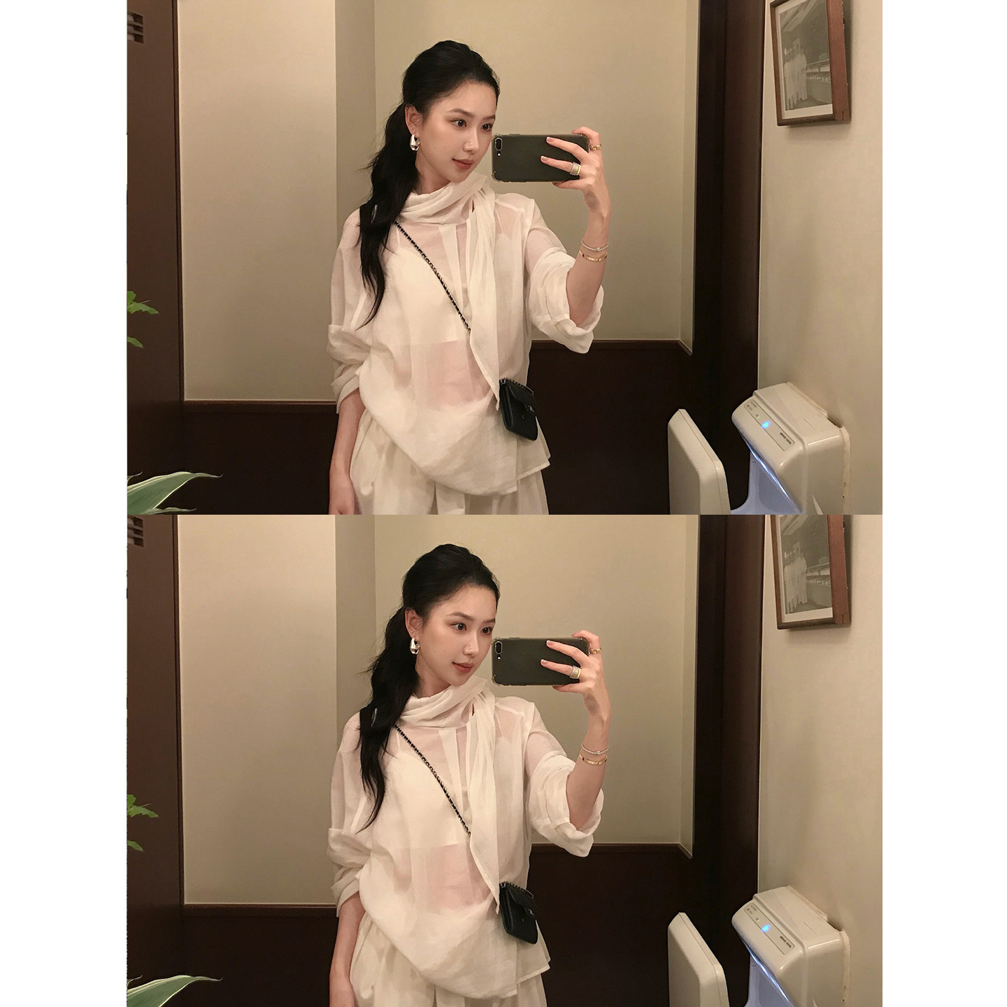 isaro uu 私服自由斜绑带软软纯棉衬衫~微透氛围飘带秋季内搭衬衫图片