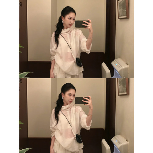isaro uu 私服自由斜绑带软软纯棉衬衫~微透氛围飘带秋季内搭衬衫