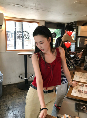 isaro uu 兰精天丝亚麻复古红无袖~vintage麻绳自由抽带针织背心