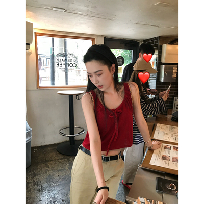isaro uu 兰精天丝亚麻复古红无袖~vintage麻绳自由抽带针织背心