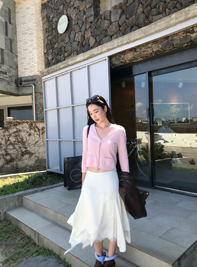 isaro uu 樱粉针织100绵羊毛~软糯亲肤V领七分袖开衫精致小口袋