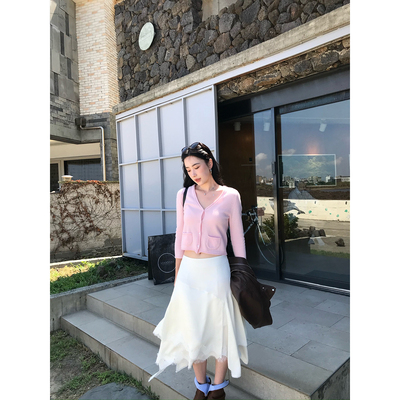 isaro uu 樱粉针织100绵羊毛~软糯亲肤V领七分袖开衫精致小口袋