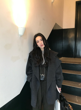 isaro uu 定染蓝雾灰立领大衣~羊绒天丝羊毛极简一粒扣毛呢短外套