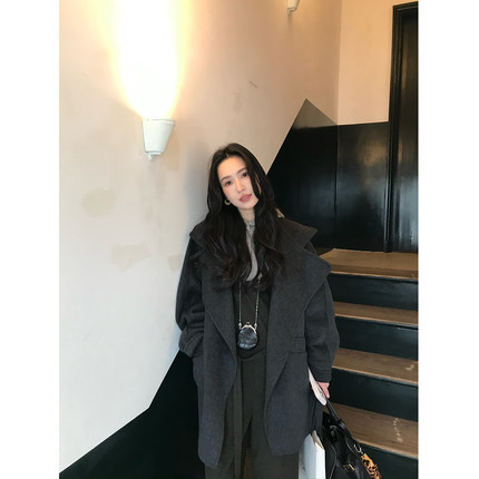 isaro uu 定染蓝雾灰立领大衣~羊绒天丝羊毛极简一粒扣毛呢短外套