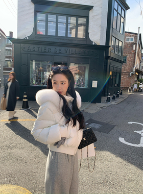 isaro uu 中古感短款收腰羽绒服~可拆卸狐狸毛领90白鸭绒外套