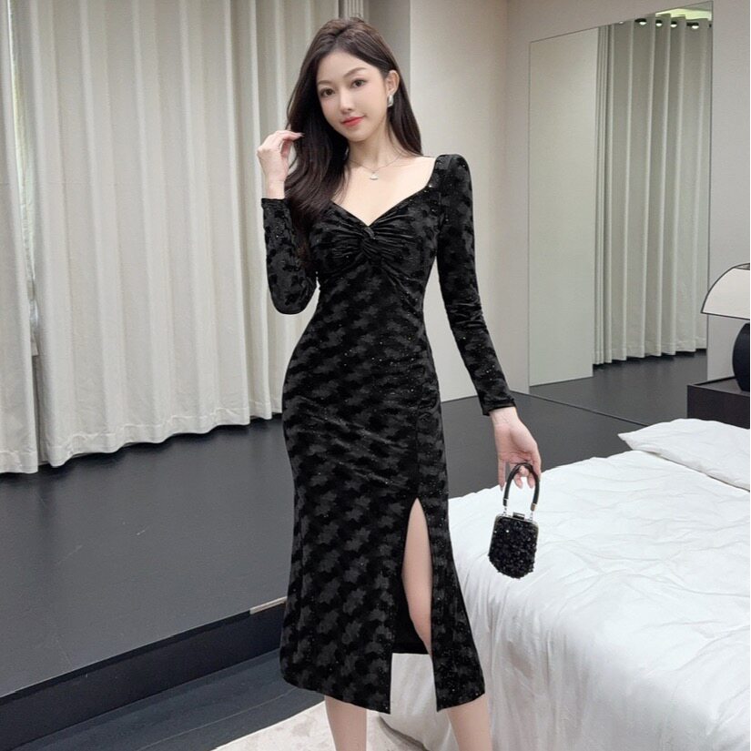 实拍长款金丝绒长袖打底礼服连衣裙