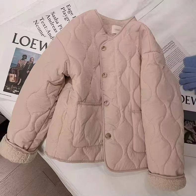 粉色羊羔毛棉服女冬季2024新款韩版羊羔绒外套女短款棉衣加厚棉袄