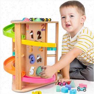 儿童多功能早教宝宝车旋转配对游戏轨道滑行木质玩具敲球滑道益智