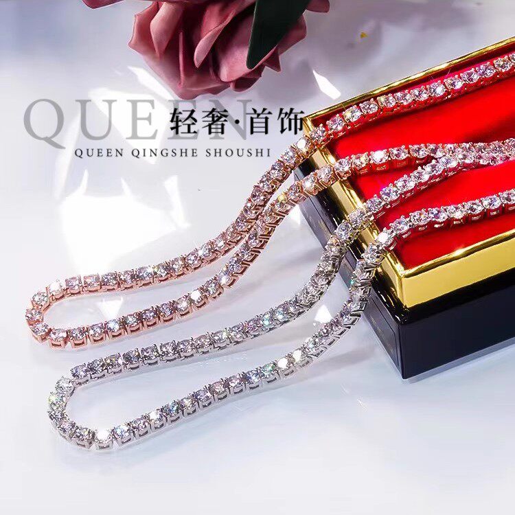 纯18K玫瑰金进口D色莫桑石满钻四爪项链简约超闪铂金吊坠锁骨链潮