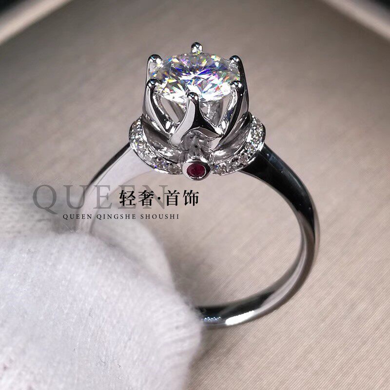 PT950铂金进口D色莫桑石红宝石花朵六爪钻戒轻奢小众结求婚情侣戒