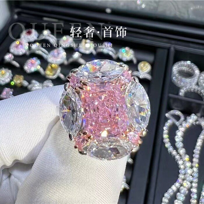 PT950铂金美国进口D色莫桑石粉钻泡泡戒指超闪时尚4克拉钻戒女新