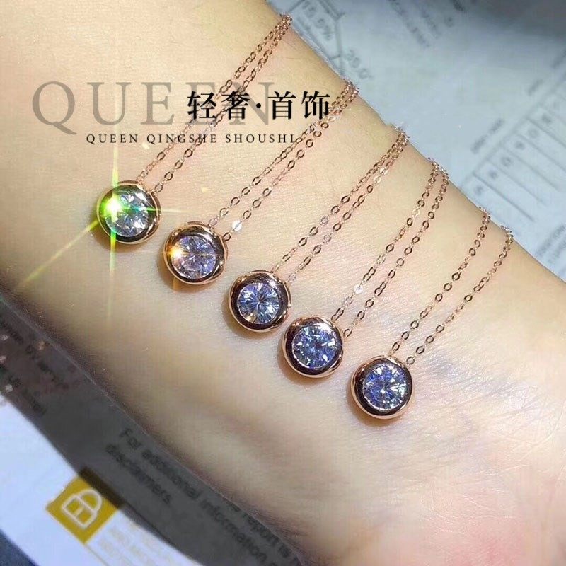 纯18K黄金进口D色莫桑石1克拉单钻泡泡项链叠戴吊坠锁骨链不掉色