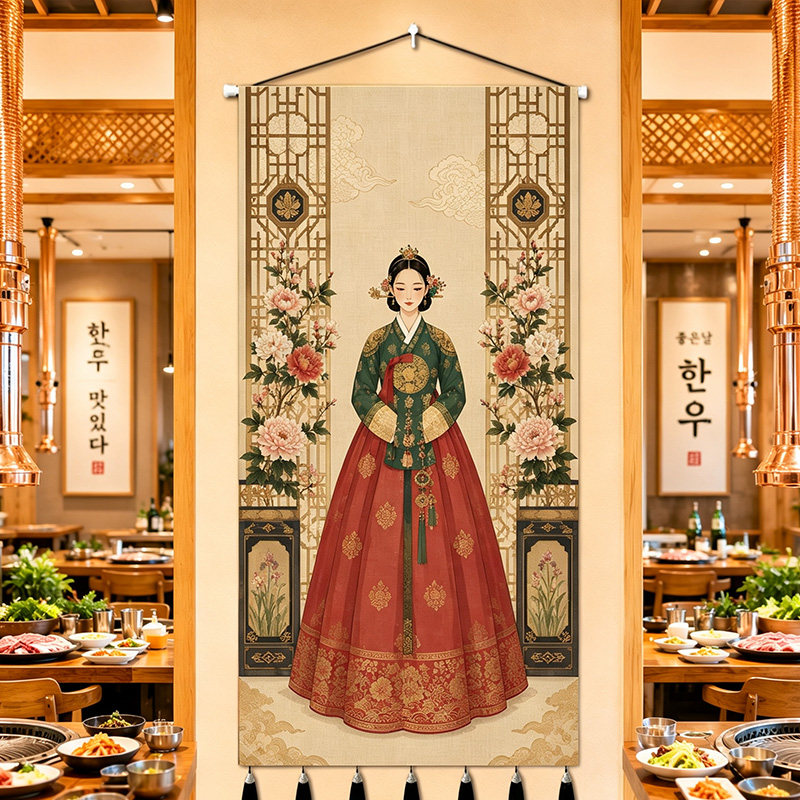韩式烤肉店墙面挂画装饰韩国风情背景墙装饰品朝鲜族墙面挂毯定制