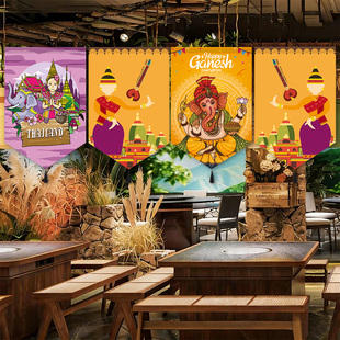 泰式大象东南亚三角装饰布民族印度风餐厅门头魔术贴挂布帘布画