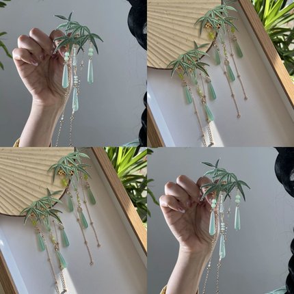 麦致竹叶绿色刺绣发夹串珠流苏新中式清新流苏侧边夹古风旅行发卡