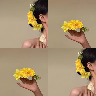 花房少女~麦致新款春日甜美粉色花朵发梳新中式盘发插梳头饰发卡