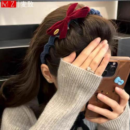 撞色复古植绒蝴蝶结带齿发箍女