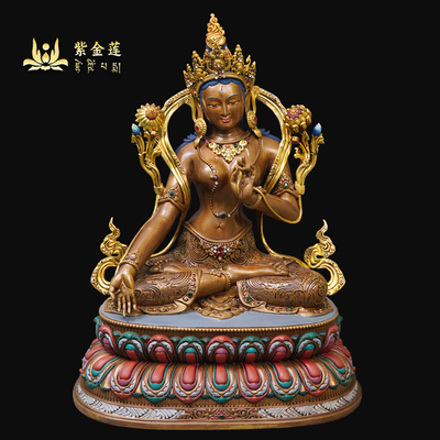 紫金莲尼泊尔工艺藏传密宗仿古鎏金白度母纯铜手工錾刻佛像