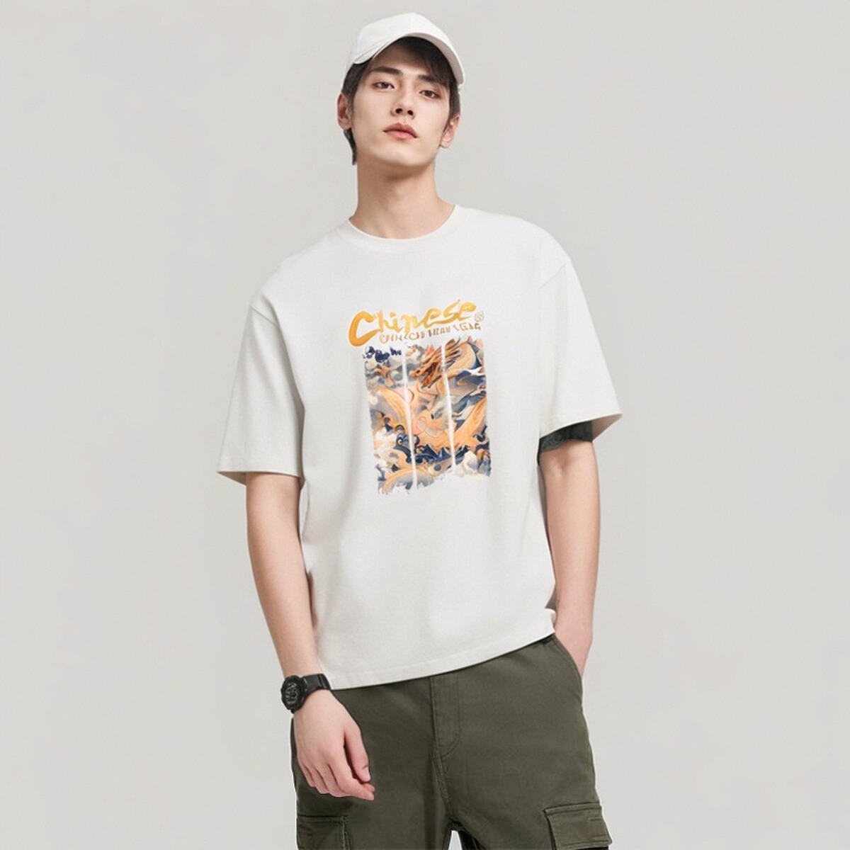 2024夏季新款新中式男装国风T恤国潮中国龙印花纯棉宽松白色短袖