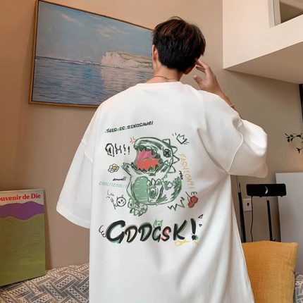 美式潮牌小恐龙印花宽松半袖衣服白色短袖t恤男2024新款夏季男装