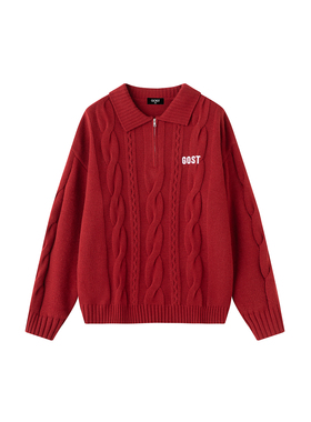 GOST刺绣POLO领套头麻花翻领新年毛衣情侣款休闲百搭针织衫上衣