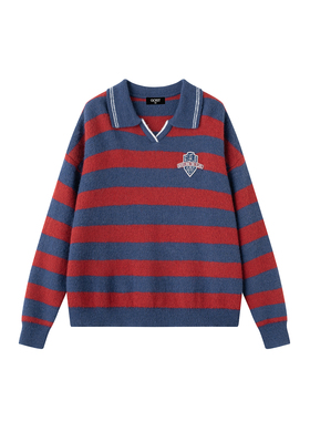 GOST撞色条纹Polo领套头毛衣针织衫美式复古学院风上衣