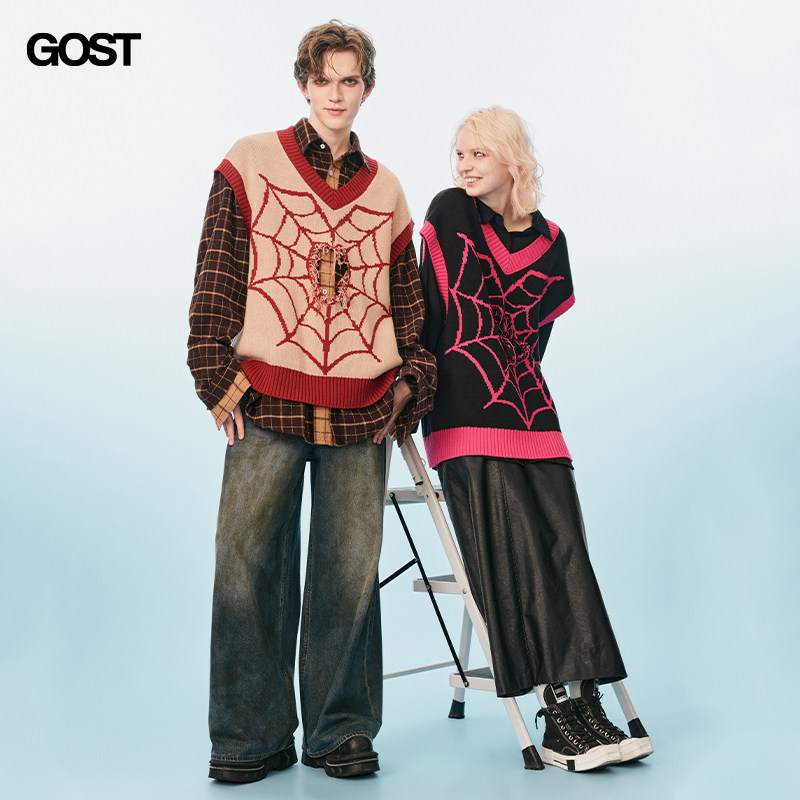 GOST 24SS 蛛网标志蜘蛛爱心镂空撞色针织背心麻花拼接男女复古潮