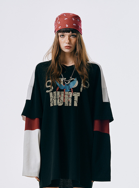 GOST字母拼接假两件T恤美式撞色设计感百搭宽松长袖上衣男女同款