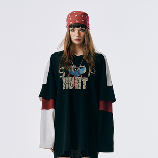 上衣男女同款 撞色設(shè)計(jì)感百搭寬松長袖 GOST字母拼接假兩件T恤美式